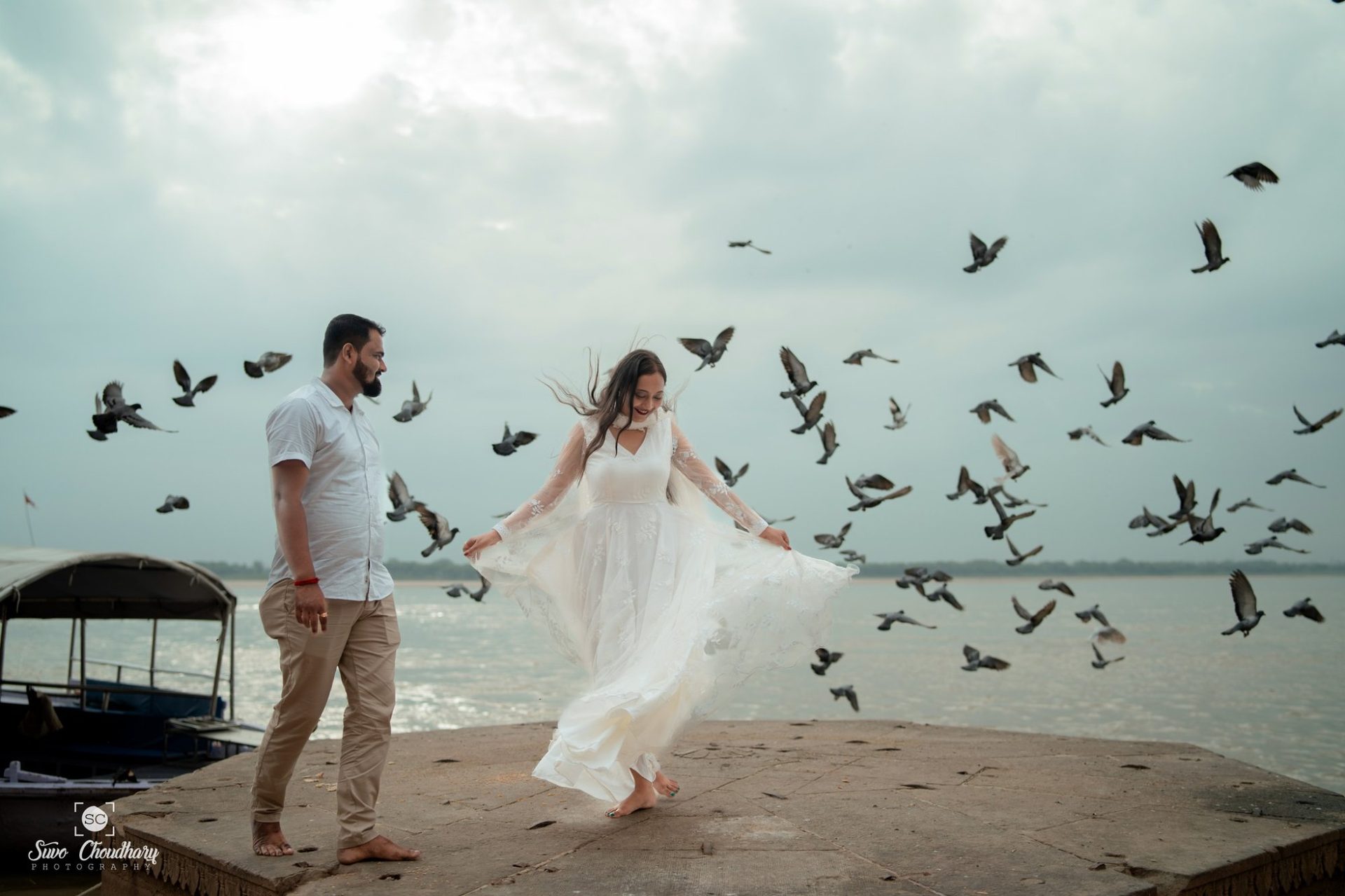Wedding photographer in Siliguri – pre-wedding riverside birds – Suvo Weddings